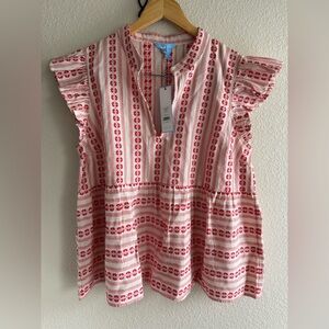 Draper James Penelope Women’s Size L Ivory Red Embroidered 100% Cotton Blouse